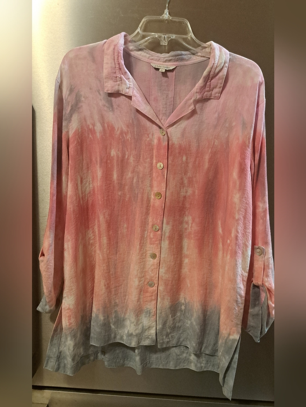 Women's John Mark Fun Pink Blue Tye Dye Button Front Top Blouse Sz LRG Rayon Bld